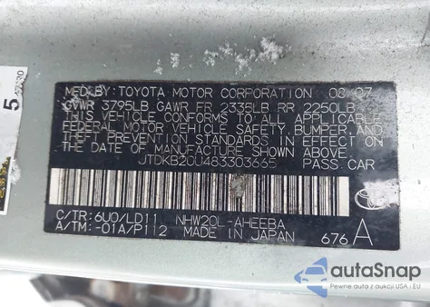 2008 Toyota Prius from USA, damaged, VIN JTDKB20U483303665